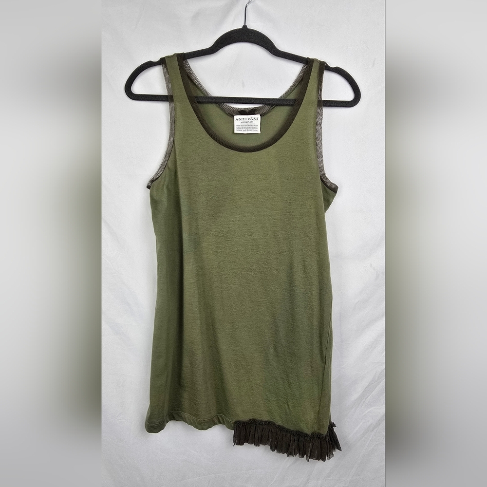 Antipast Japan Olive Green Lace Trim Ruffled Hem Japanese Made Tank Top sz 2